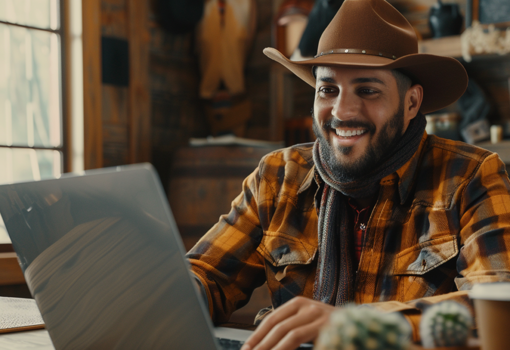 Cowboy sitting at a desk on his computer talking to client about branding their company